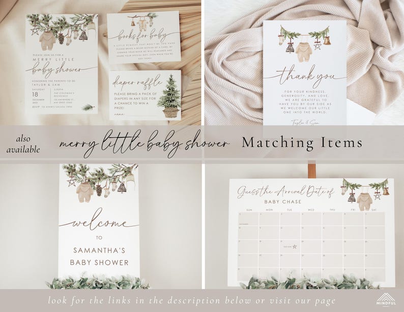 May include: A set of printable baby shower invitations with a woodland theme. The invitations feature a brown bear wearing a knitted hat and a green wreath with pine cones and berries. The text on the invitations reads "Merry Little Baby Shower".