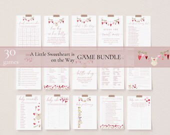 Puede incluir: Un conjunto de 30 juegos de baby shower imprimibles con un esquema de color rosa y rojo. Los juegos presentan una variedad de temas, que incluyen "¿Qué tan grande está su vientre?" y "Adivina el dulce desastre".