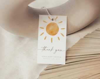 Tacklappar för lilla solsken | Boho Sunshine babyshower-gåvoetikett | Redigerbara tacklappar för babyshower med solsken