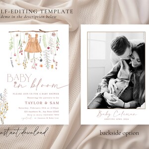 May include: A baby shower invitation featuring a watercolour illustration of a baby dress hanging from a branch with flowers. The text reads "Baby in Bloom" and includes the names "Taylor & Sam" and the date and time of the shower. The back of the invitation features a black and white photograph of a couple with the text "Baby Coleman Arriving April 2024".