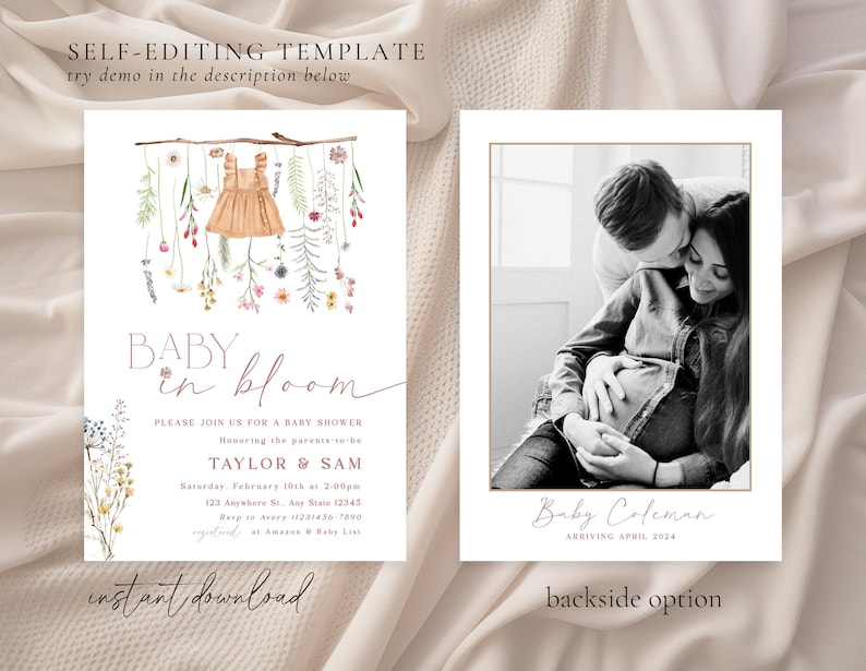 May include: A baby shower invitation featuring a watercolour illustration of a baby dress hanging from a branch with flowers. The text reads "Baby in Bloom" and includes the names "Taylor & Sam" and the date and time of the shower. The back of the invitation features a black and white photograph of a couple with the text "Baby Coleman Arriving April 2024".