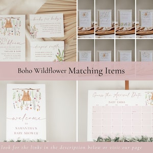 May include: A set of printable baby shower decorations with a boho wildflower theme. The decorations include a welcome sign, a guess the arrival date calendar, a diaper raffle sign, and a books for baby sign. The signs feature a watercolour illustration of a baby dress hanging from a branch with wildflowers.
