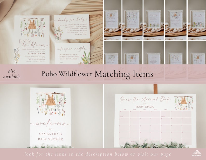 May include: A set of printable baby shower decorations with a boho wildflower theme. The decorations include a welcome sign, a guess the arrival date calendar, a diaper raffle sign, and a books for baby sign. The signs feature a watercolour illustration of a baby dress hanging from a branch with wildflowers.