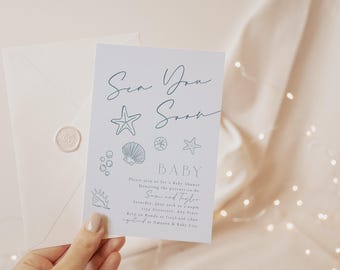 Sea You Soon Baby Shower Invitation | Editable Coastal Baby Shower Template | Blue Beach Invite | Printable Summer Invite with Seashells f54