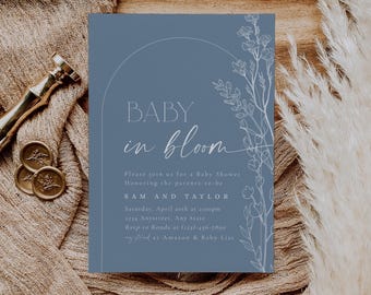 Baby in Bloom Blue Baby Shower Invite | Blue Floral Baby Shower Invitation | Dusty Blue Minimalist Baby Shower | Boho Wildflower Evite 23