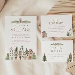 Könnte beinhalten: Drei weiße Karten mit Aquarellillustrationen von Häusern und Bäumen. Die größte Karte trägt die Aufschrift "IT TAKES A VILLAGE" und enthält Details zur Babyparty. Die anderen Karten tragen die Aufschrift "BOOKS FOR BABY" und "DIAPER RAFFLE".