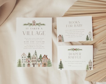 May include: Three white cards with watercolor illustrations of houses and trees. The largest card reads "IT TAKES A VILLAGE" and includes baby shower details. The other cards say "BOOKS FOR BABY" and "DIAPER RAFFLE".