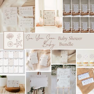 Puede incluir: Un conjunto para baby shower con temática marina. Incluye invitaciones, juegos y letreros con ilustraciones de conchas marinas y estrellas de mar. La paleta de colores es neutra con tonos beige y marrón. El texto "Sea You Soon Baby" es visible en varios elementos.