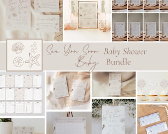 Paquete "Sea You Soon" para baby shower / Set editable para baby shower costero / Juegos y letreros para baby shower con conchas marinas / Decoración playera f54