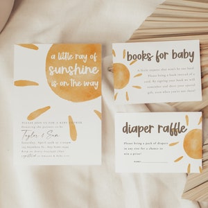 Ein kleiner Sonnenschein-Babyparty-Einladungspaket| Bearbeitbare Sonnenschein-Dusche-Einladung | Boho Sonneneinladung | Hier kommt die Sohn-Babyparty