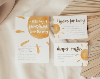 A Little Ray Of Sunshine Baby Shower Invite Bundle| Editable Sunshine Shower Invitation | Boho Sun Invite | Here Comes the Son Baby Shower