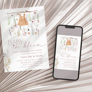 May include: A baby shower invitation featuring a watercolour illustration of a baby dress hanging from a branch with flowers. The text reads "Baby in Bloom" and includes the names "Taylor & Sam" and the date and time of the shower.