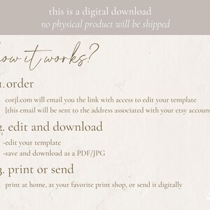 May include: A cream-coloured digital download guide with the text "this is a digital download no physical product will be shipped". The text "how it works?" is followed by numbered steps: order, edit and download, and print or send.