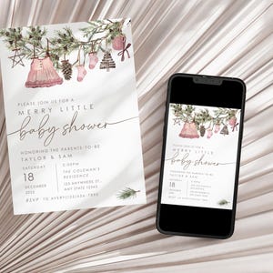 Holiday-themed baby shower invitation with Merry Little Baby Shower text, pinecone, evergreen, and baby clothes artwork. Perfect for winter celebrations