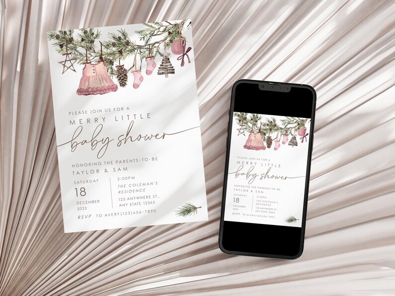 Holiday-themed baby shower invitation with Merry Little Baby Shower text, pinecone, evergreen, and baby clothes artwork. Perfect for winter celebrations