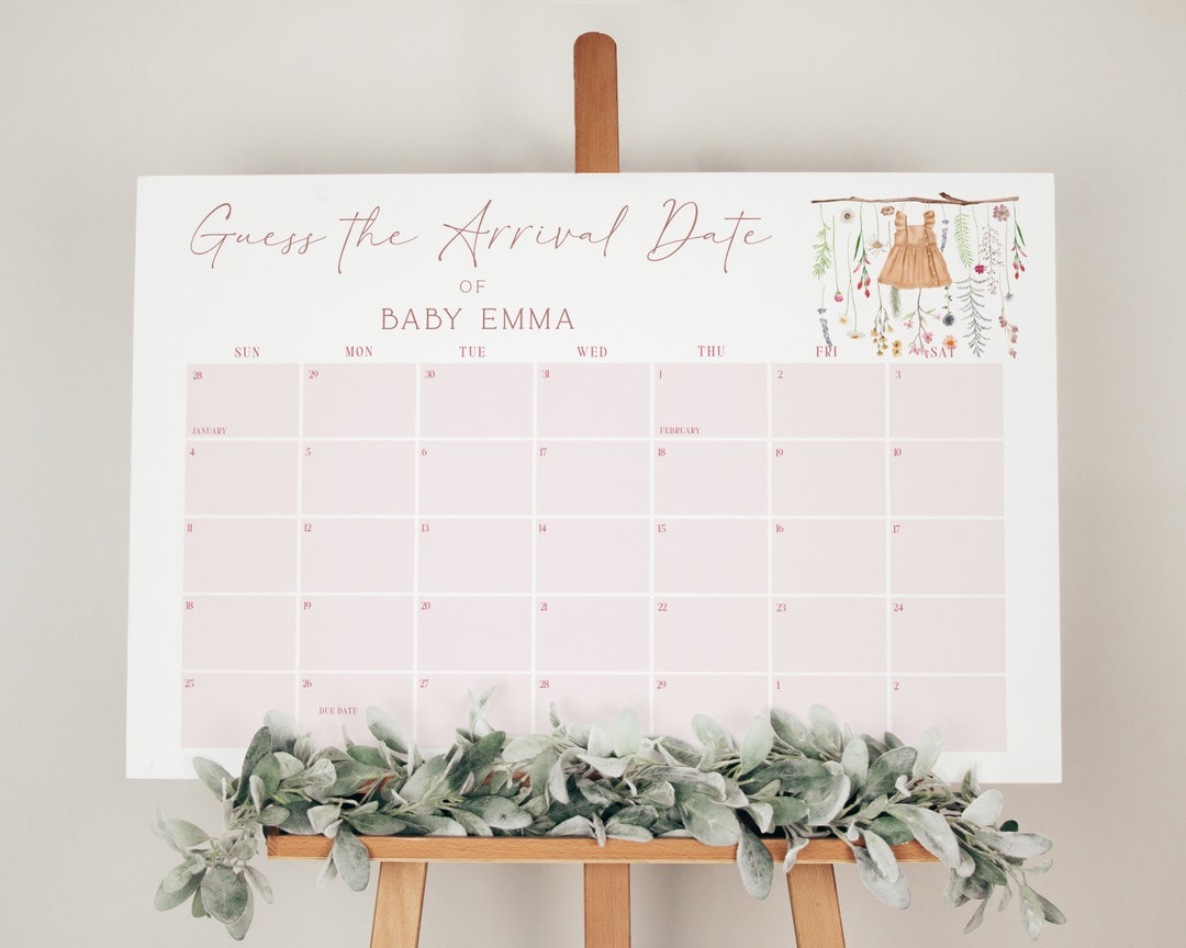 Guess the Arrival Date Calendar Boho Wildflowers Baby Shower Guess the