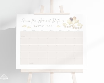Könnte beinhalten: Ein druckbares Babyparty-Spiel mit einem Kalender, auf dem die Gäste das Ankunftsdatum des Babys erraten können. Der Kalender ist mit einer Aquarell-Illustration eines Babys verziert, das auf einer Wolke schläft, mit einem Banner, auf dem "Erraten Sie das Ankunftsdatum von Baby Chase" steht.