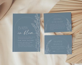 Baby in Bloom Blue Baby Shower Invitation Bundle | Minimalist Modern Dusty Blue Floral Design | Printable Wildflower Baby Shower Evite 23