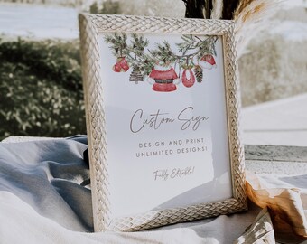 Pode incluir: Uma placa personalizada emoldurada com um design festivo de Natal. A placa apresenta uma ilustração em aquarela do casaco do Papai Noel, luvas e uma árvore de Natal. O texto diz "Custom Sign" e "Design and Print Unlimited Designs!"