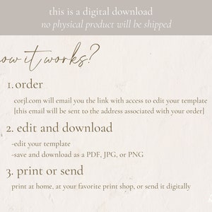 May include: A digital download guide with instructions on how to order, edit, and download a printable template. The guide includes the text "how it works?" and lists three steps: 1. order, 2. edit and download, and 3. print or send. The guide also includes the website address corjl.com.