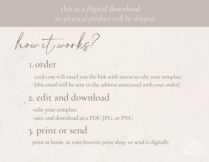 May include: A digital download guide with instructions on how to order, edit, and download a printable template. The guide includes the text "how it works?" and lists three steps: 1. order, 2. edit and download, and 3. print or send. The guide also includes the website address corjl.com.