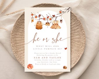 May include: A gender reveal invitation with the text "he or she" and "What will our little pumpkin be?" The design features watercolor illustrations of baby clothes, leaves, and pumpkins. The invitation is set on a woven basket.