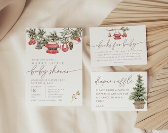 May include: A Christmas-themed baby shower invitation with a red and white Santa hat, a green pine tree, and the text "Merry Little Baby Shower". The invitation includes the date, time, and location of the event. There is also a separate card that says "Books for Baby" and a card that says "Diaper Raffle".