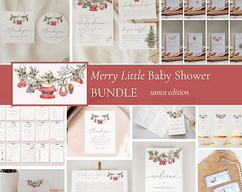 May include: A festive baby shower stationery bundle with a Christmas theme. The set includes invitations, thank you cards, and welcome signs. Designs feature Santa Claus imagery and greenery, with the text "Merry Little Baby Shower".