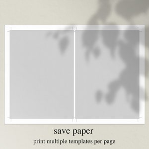 May include: A white sheet of paper divided into two sections with a light grey background. The paper has a shadow of a leafy branch on the right side. The text "save paper" and "print multiple templates per page" is printed below the paper.
