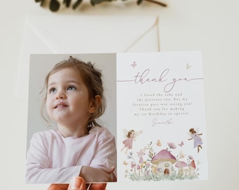 Tarjeta de agradecimiento de primer cumpleaños de hadas / Nota editable para fiesta de niña (Descarga digital)