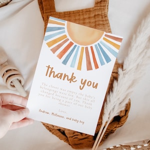 Notas de agradecimiento Aquí viene el Baby Shower del hijo, Notas del baby shower Sunshine, Plantilla digital, Baby Boy Shower, Plantilla editable