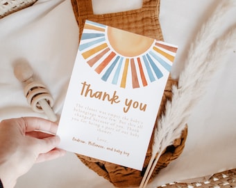 Thank you Notes Here Comes the Son Baby Shower, Sunshine Baby Shower Notes, Digital Template, Baby Boy Shower, Editable Template