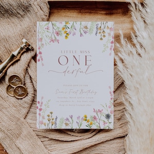 Miss Onederful Wildflower Birthday Invitation | Editable Floral Template for First Birthday | Wildflower Girl Celebration
