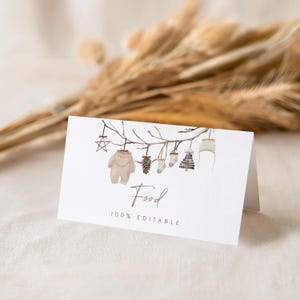 Étiquettes d'aliments modifiables A Merry Little Baby Shower | Cartes de vœux pour baby shower d'hiver sans distinction de sexe | 25 cartes pour buffet de Noël bohème