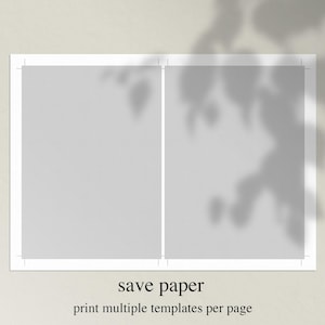 Może przedstawiać: Arkusz do druku z dwoma pustymi prostokątami, każdy z jasnoszarym tłem i cieniem gałęzi z liśćmi. Tekst "save paper" i "print multiple templates per page" znajduje się pod prostokątami.