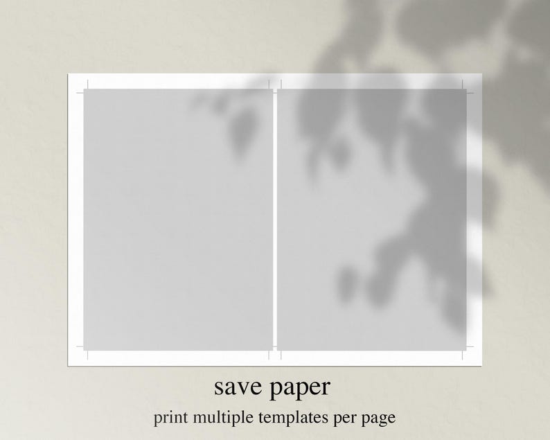 Może przedstawiać: Arkusz do druku z dwoma pustymi prostokątami, każdy z jasnoszarym tłem i cieniem gałęzi z liśćmi. Tekst "save paper" i "print multiple templates per page" znajduje się pod prostokątami.