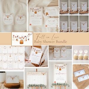 May include: A fall-themed baby shower stationery bundle featuring beige and white cards with watercolor illustrations of autumn leaves, acorns, and baby clothes. Includes invitations, thank you tags, welcome signs, games, and labels with cursive text.