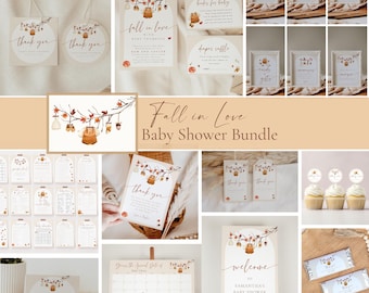 May include: A fall-themed baby shower stationery bundle featuring beige and white cards with watercolor illustrations of autumn leaves, acorns, and baby clothes. Includes invitations, thank you tags, welcome signs, games, and labels with cursive text.