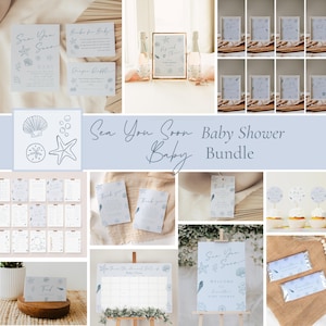 May include: A baby shower bundle with a sea-themed design. The bundle includes invitations, thank you cards, and decorations. The color scheme is light blue and white, with seashell and starfish illustrations. The text "Sea You Soon Baby" is featured.