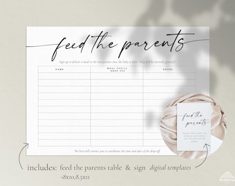 Feed the parents minimalist baby shower game, meal train sign up instant download template