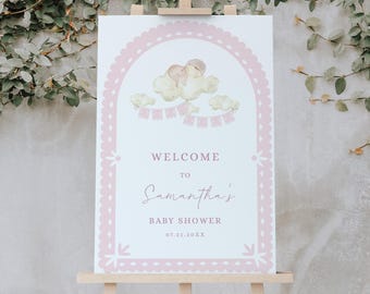 Cielito Lindo Welcome Sign | Pink Papel Picado Welcome Printable Sign | Girl Baby Shower Welcome Sign | Editable Template 444