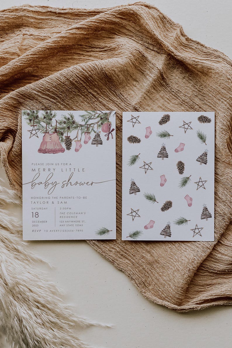 Printable Christmas baby shower invite with pine branches and pink holiday accents. Festive watercolor design with rustic woodland feel.