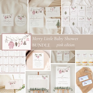 Puede incluir: Un conjunto de papelería para baby shower con temática rosa. El conjunto incluye invitaciones, tarjetas de agradecimiento y letreros con ilustraciones de acuarela de ropa de bebé y elementos invernales. El texto dice "Merry Little Baby Shower".