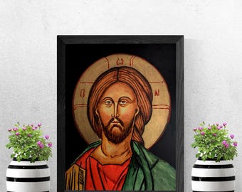 Ícone bizantino de Jesus Cristo: Arte religiosa em estilo folha de ouro (download digital)