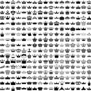 May include: A collection of various black crown designs. The crowns vary in style, from simple to ornate, with different shapes and embellishments. The image showcases a variety of regal and decorative crown illustrations.