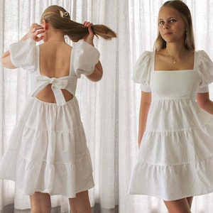 Open back dress sewing pattern, tiered babydoll dress with puff sleeves and squareneck, PDF-pattern