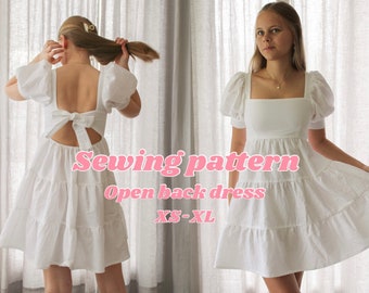 Open back dress sewing pattern, tiered babydoll dress with puff sleeves and squareneck, PDF-pattern