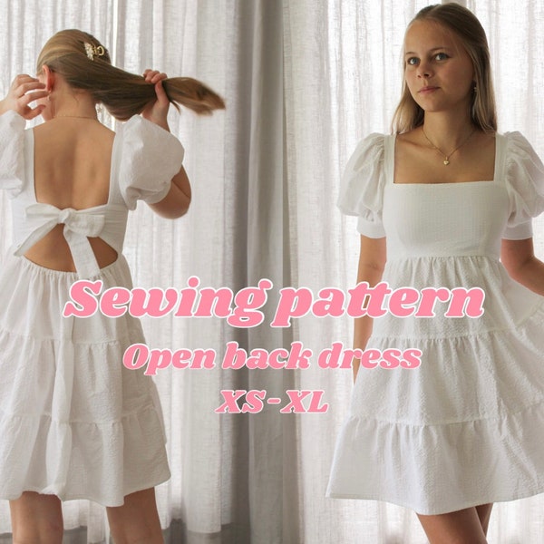 Open back dress sewing pattern, tiered babydoll dress with puff sleeves and squareneck, PDF-pattern