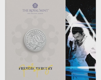 Moneda brillante de 5 libras sin circular de Freddie Mercury Music Legends UK 2025 en paquete sellado de la Royal Mint.