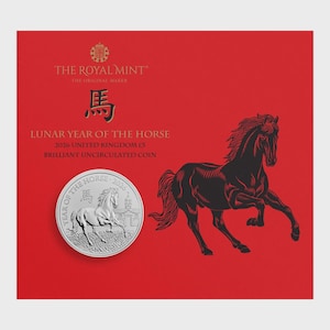May include: A red background with a black horse silhouette and a silver coin. The coin is inscribed with "YEAR OF THE HORSE - 2026" and a horse image. Text reads "LUNAR YEAR OF THE HORSE 2026 UNITED KINGDOM £5 BRILLIANT UNCIRCULATED COIN."